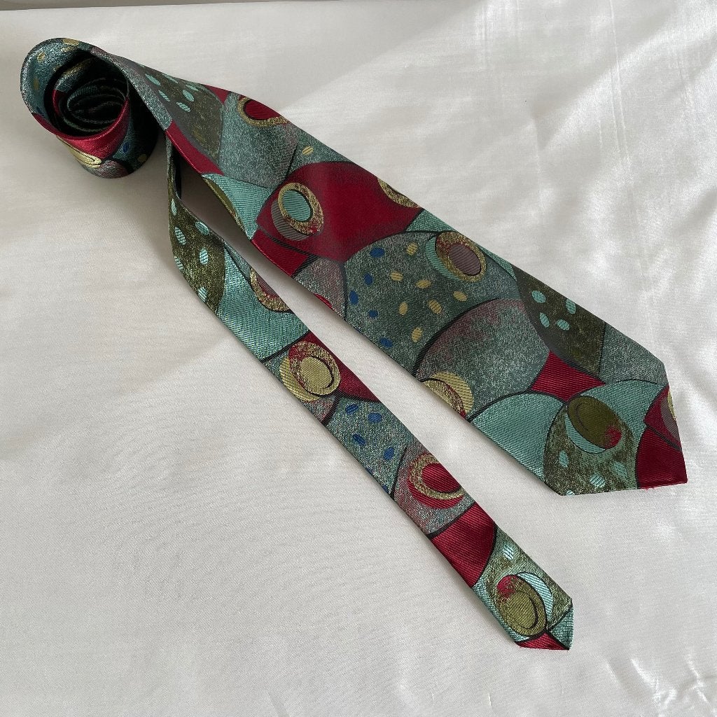 Vintage Michaelis stropdas in groen, rood en goud., Michaelis, Ophalen of Verzenden, Zo goed als nieuw, Met patroon