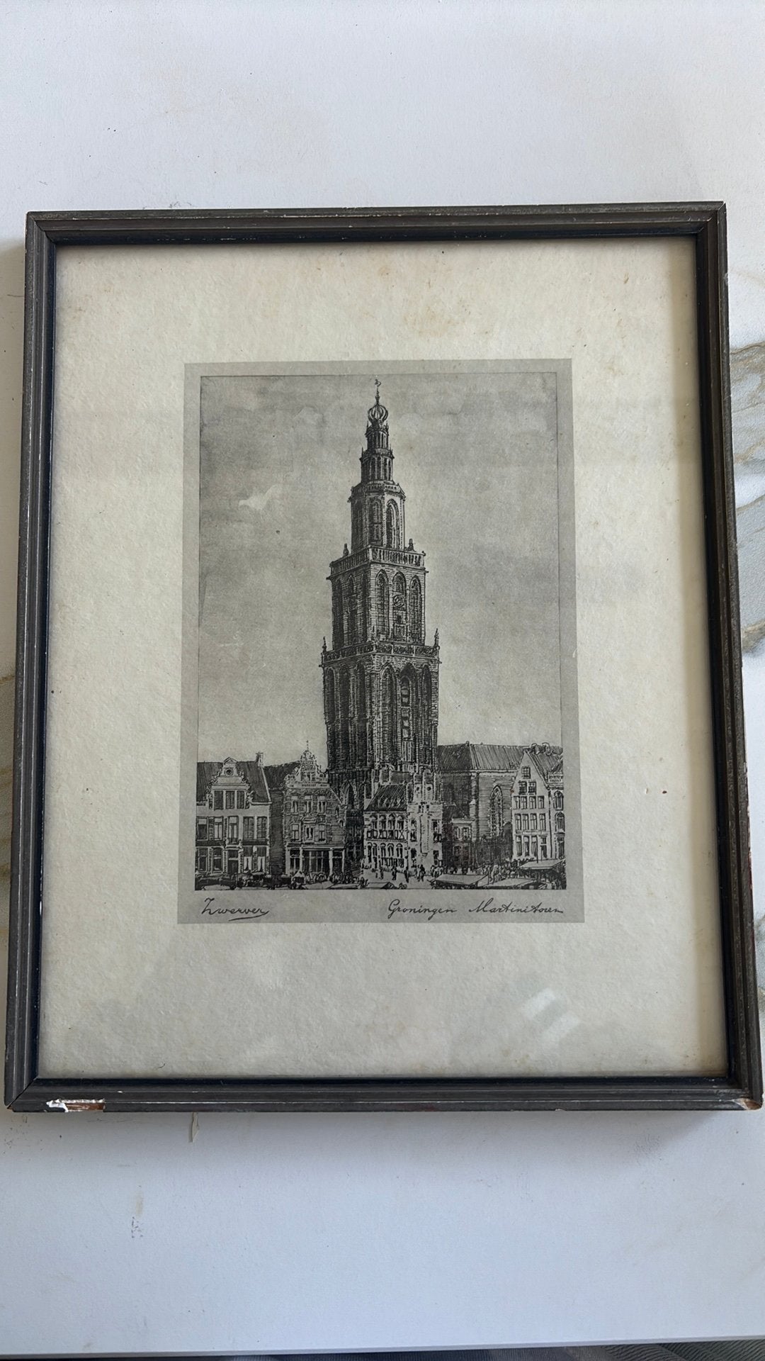 Jan Zwerver Martinitoren Groningen - Ingelijst 28x22 cm, 1950 - 1999, Ophalen of Verzenden, Gesigneerd, Overige technieken