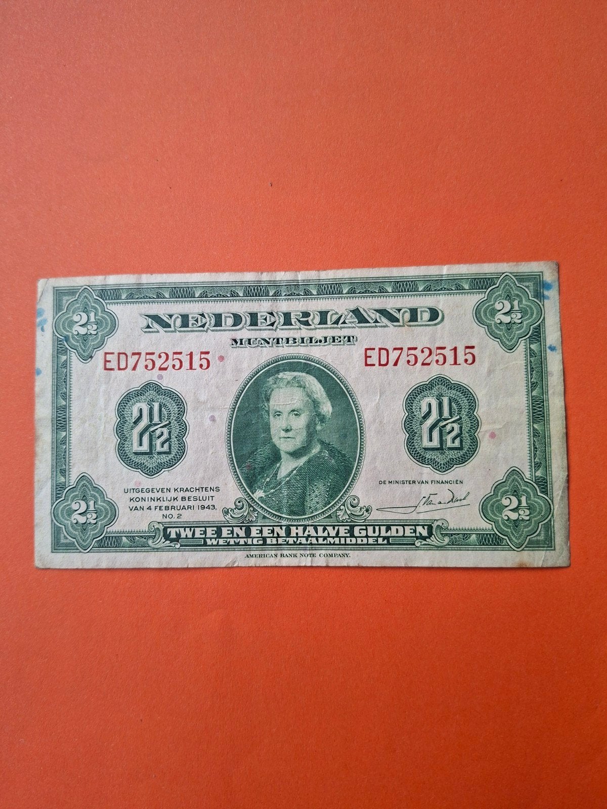 2,5 gulden Wilhelmina uit 1943 in ZF
Serie nummer ED 752515, Postzegels en Munten, Bankbiljetten | Nederland, Ophalen of Verzenden