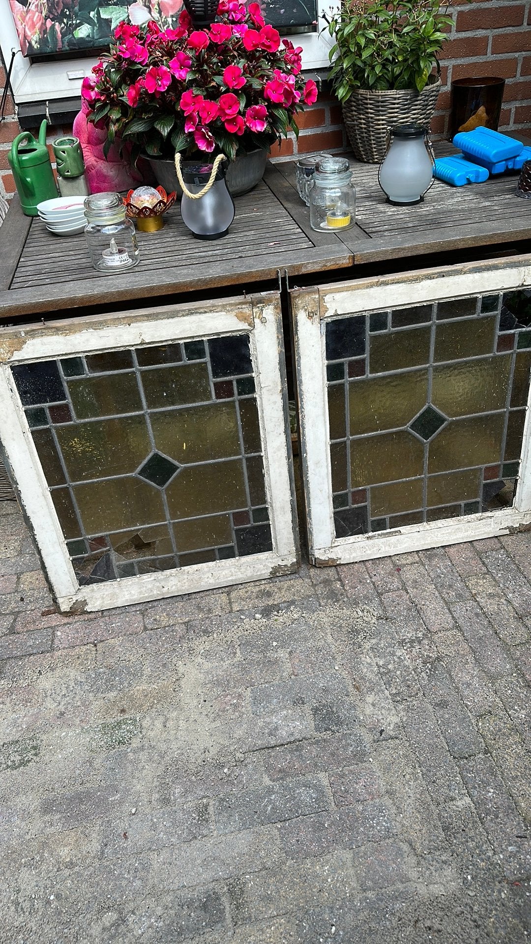 Oude glas in lood ramen 60 x 70 cm, Doe-het-zelf en Verbouw, Glas en Ramen, Ophalen, Gevelraam of Ruit, Gebruikt, Minder dan 80 cm