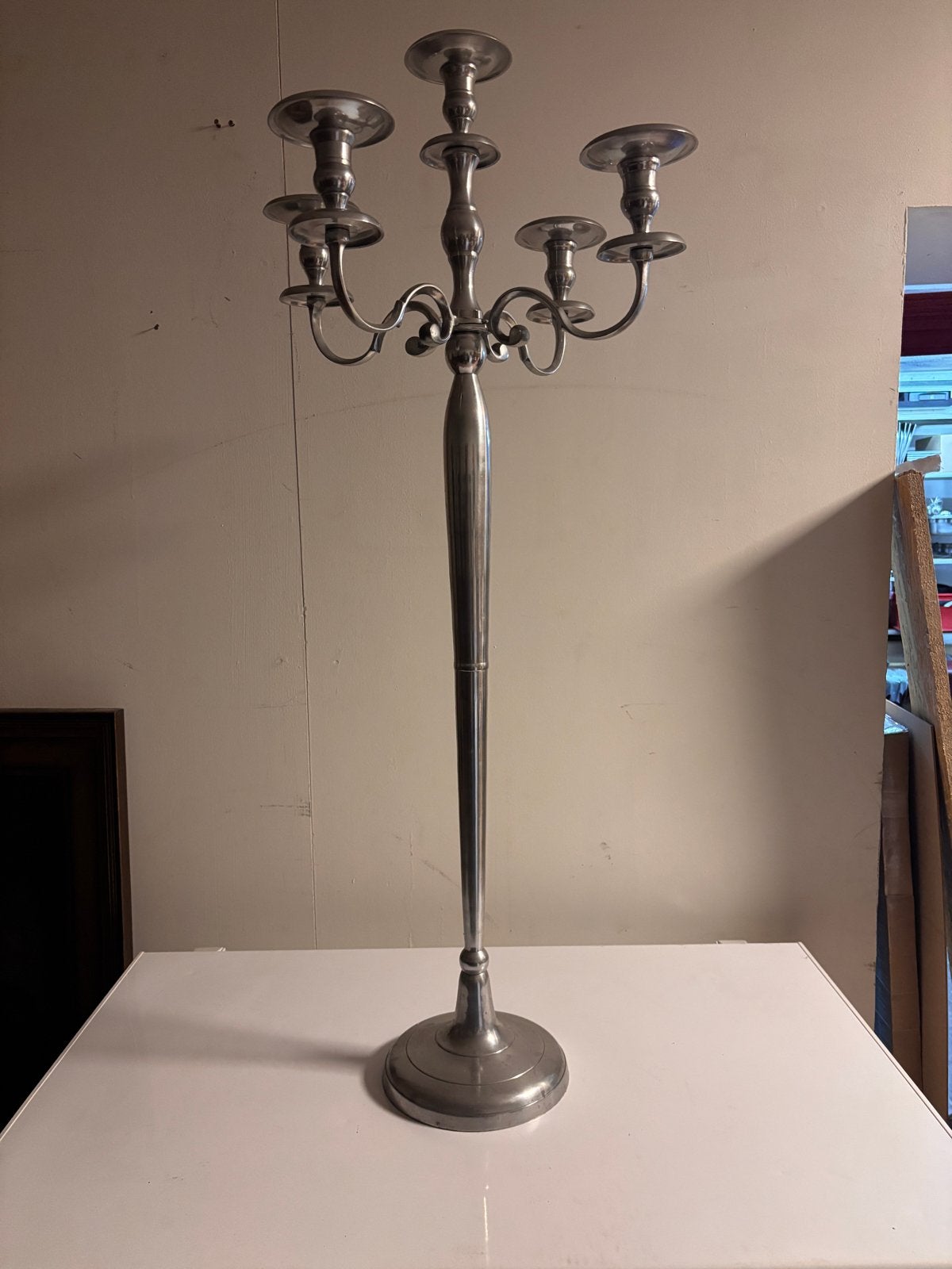Grote zilverkleurige kandelaar met 5 armen 120cm, Ophalen, Gebruikt, Metaal, Kandelaar