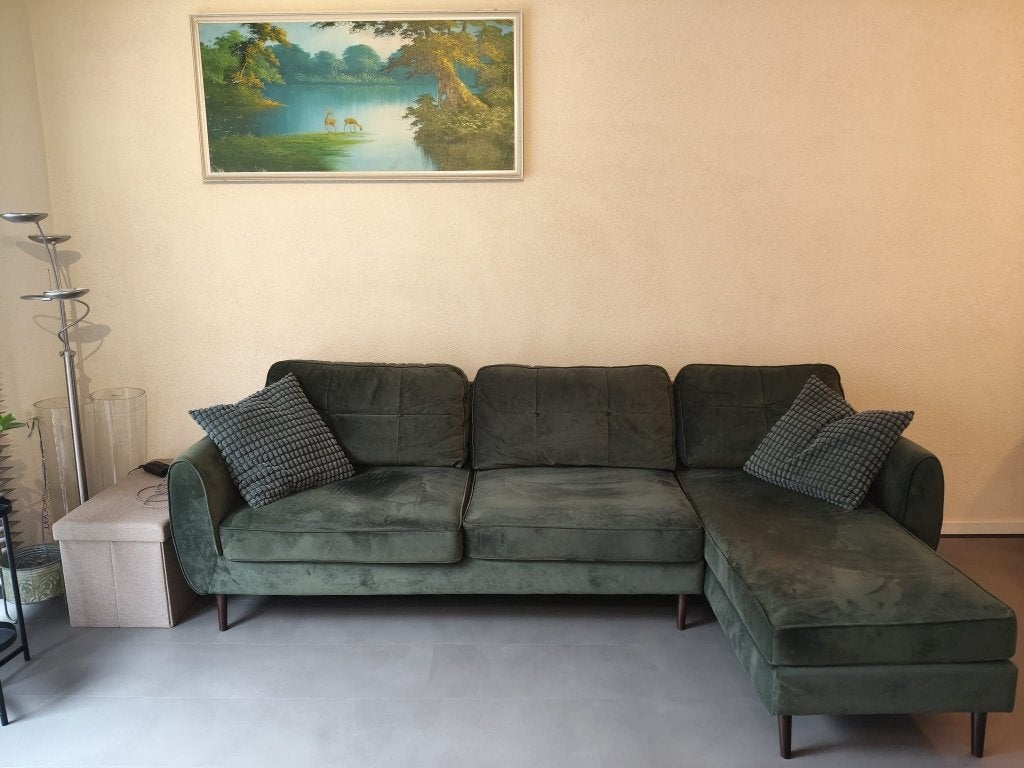Trendy velvet hoekbank met longchair, Ophalen, 250 tot 300 cm, Gebruikt, Hoekbank