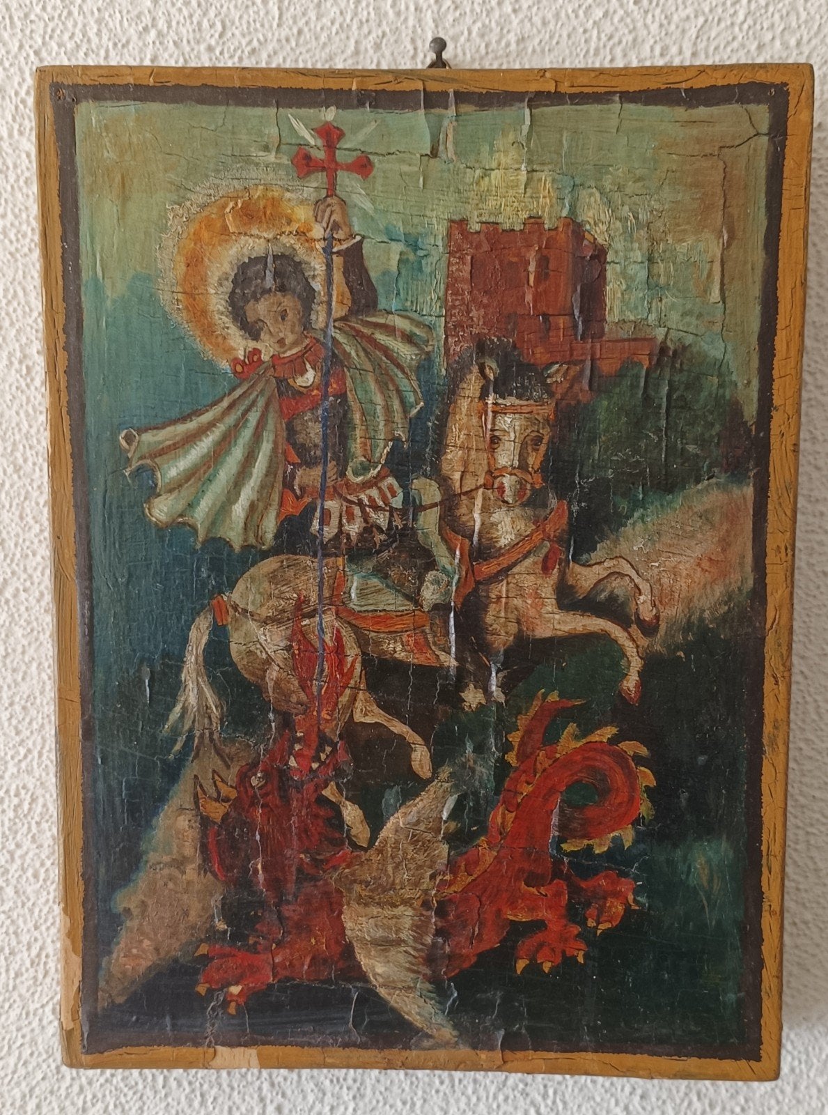 Antiek Handgeschilderd Ikoon: Sint Joris en de Draak, Ophalen of Verzenden