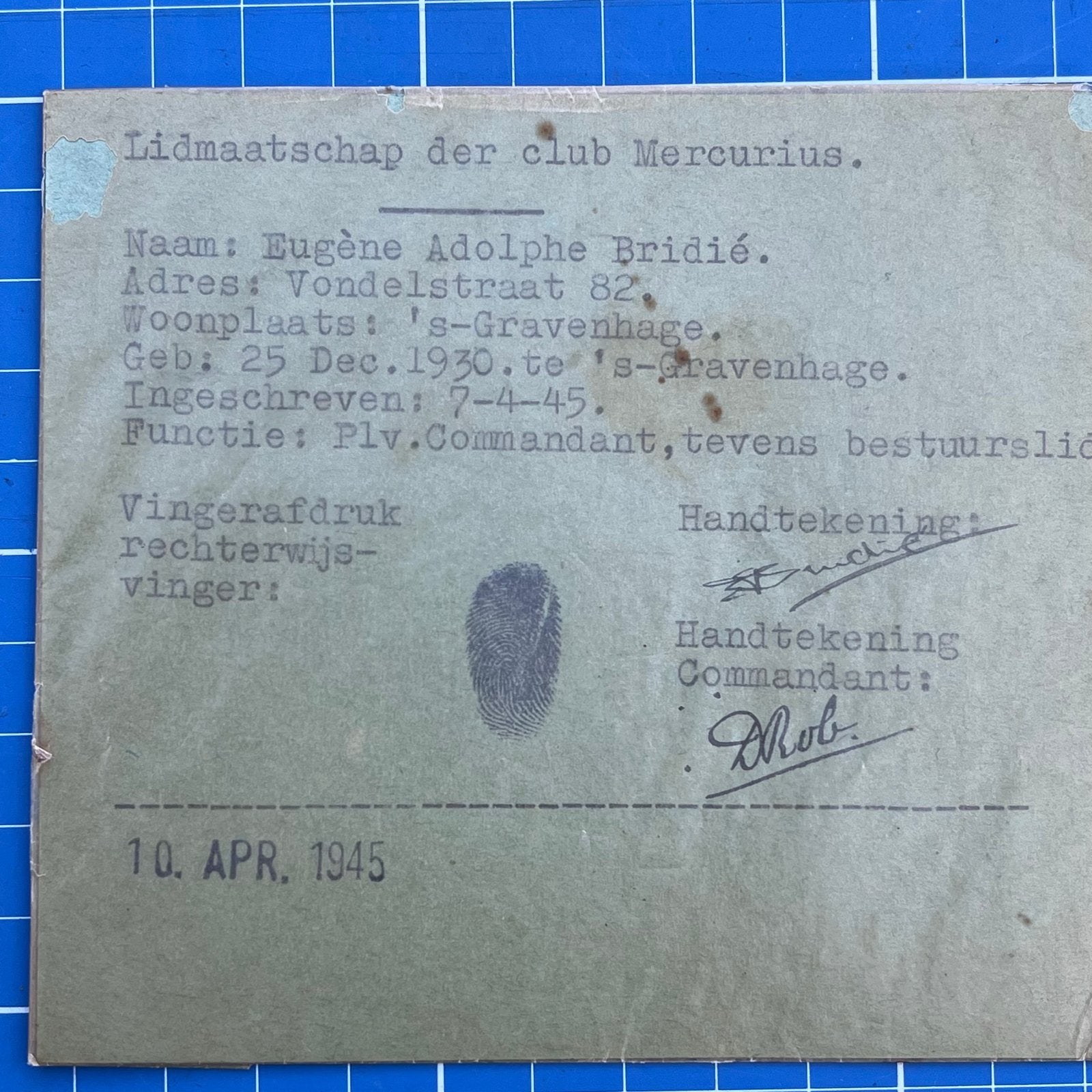 Lidmaatschap para militaire Club Mercurius Den Haag  1945, Ophalen of Verzenden