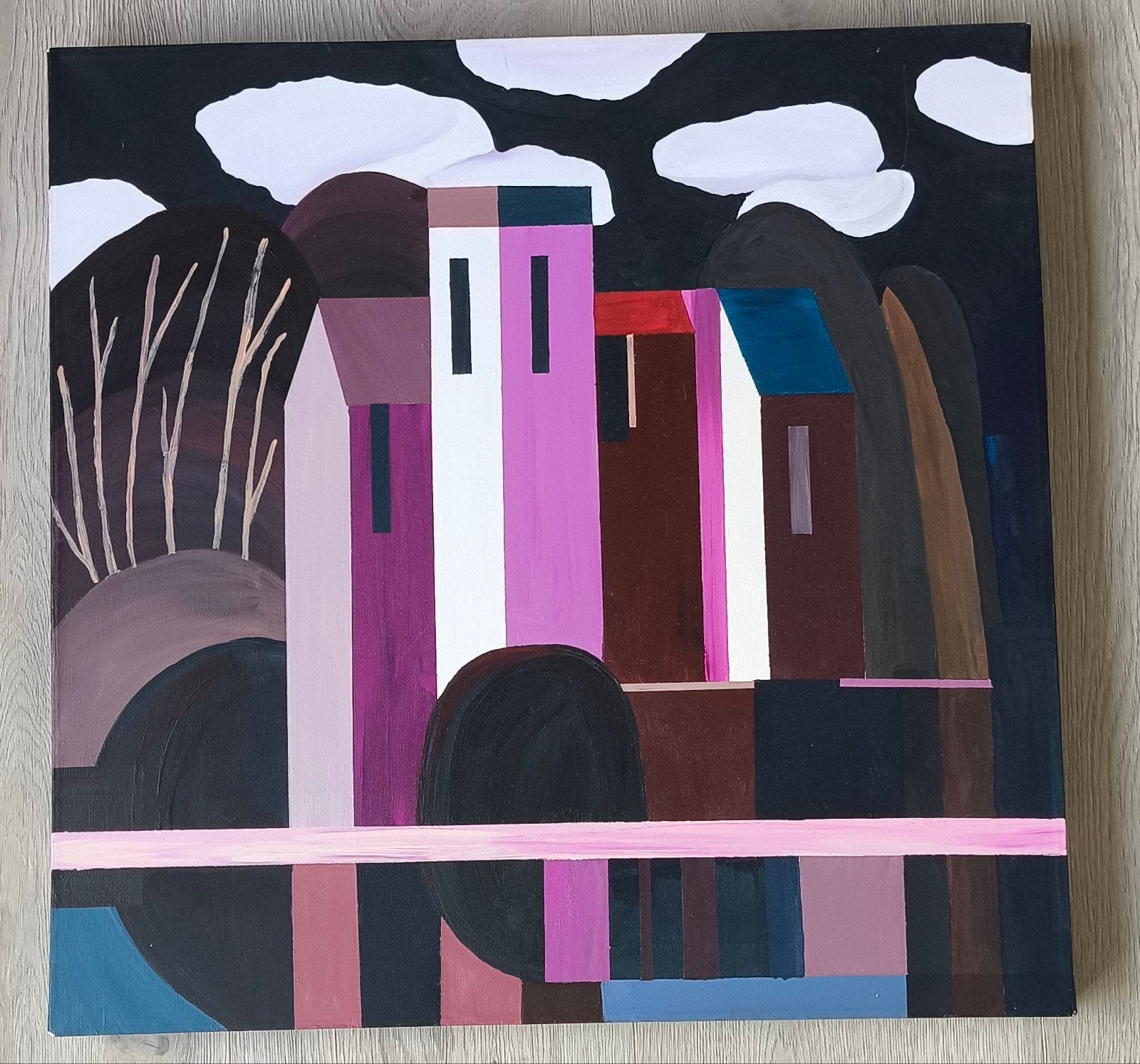 Acryl doek 3D van Erica, abstracte huizen 60x60, Ophalen of Verzenden