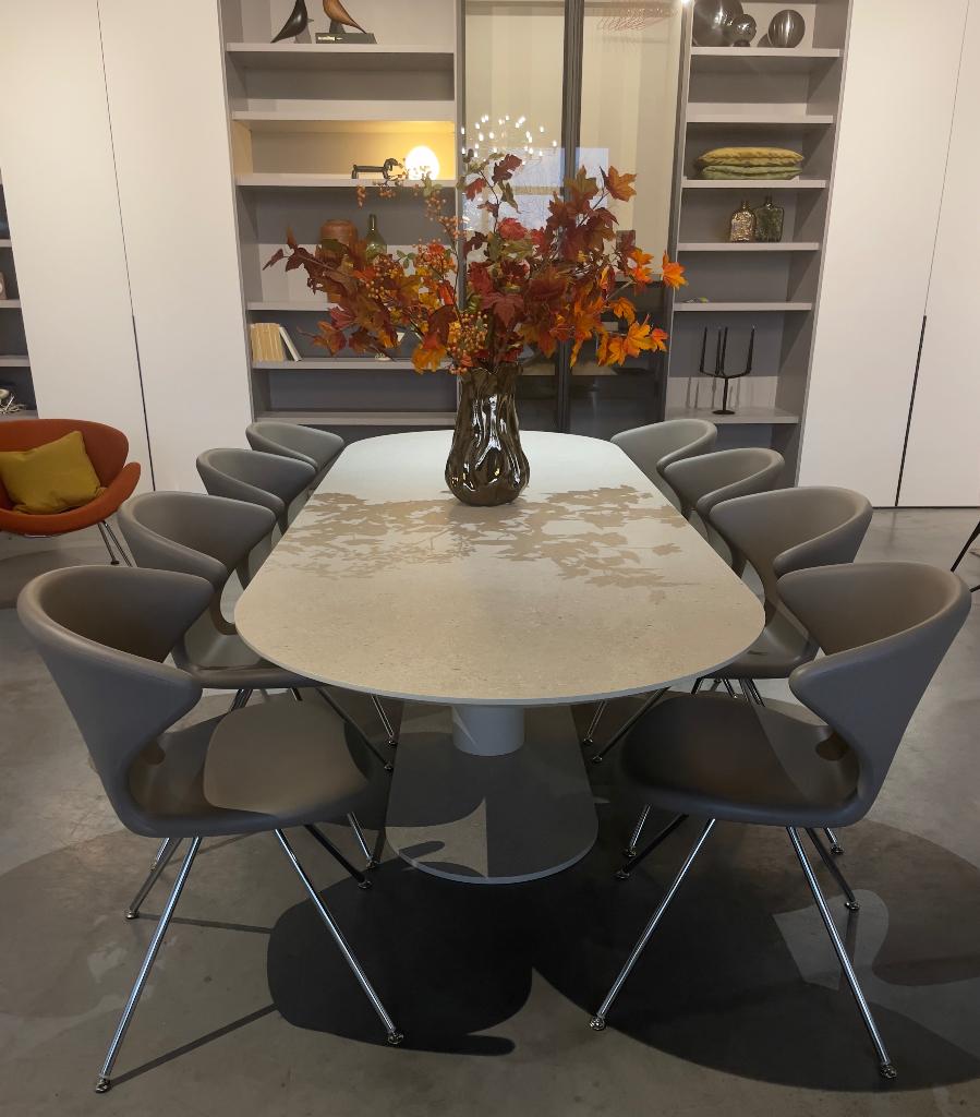 4 (of 8) Tonon Concept stoelen in taupe onderstel in chroom., Overige kleuren, Ophalen of Verzenden, Zo goed als nieuw, Metaal