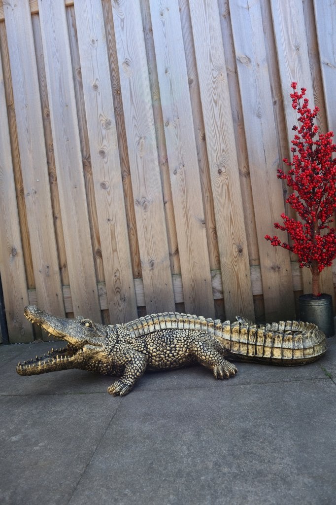 Krokodil beeld antiek goud 103cm | Tuinbeeld & woondecoratie, Dierenbeeld, Kunststof, -, -