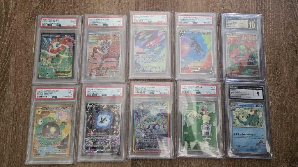 Pokemon kaarten PSA & SCS 10x, Ophalen, Zo goed als nieuw, Meerdere kaarten, Foil