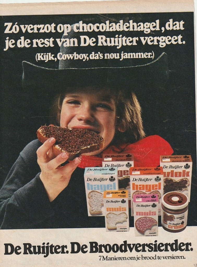 Retro reclame 1975 De Ruijter jongetje cowboy hagelslag, Verzenden, Overige typen