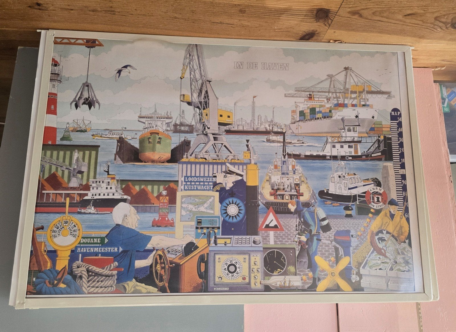 Vintage Poster 'In de Haven' - Maritieme Scène, 50 – 75, Gebruikt, Ophalen of Verzenden, 75 tot 100 cm