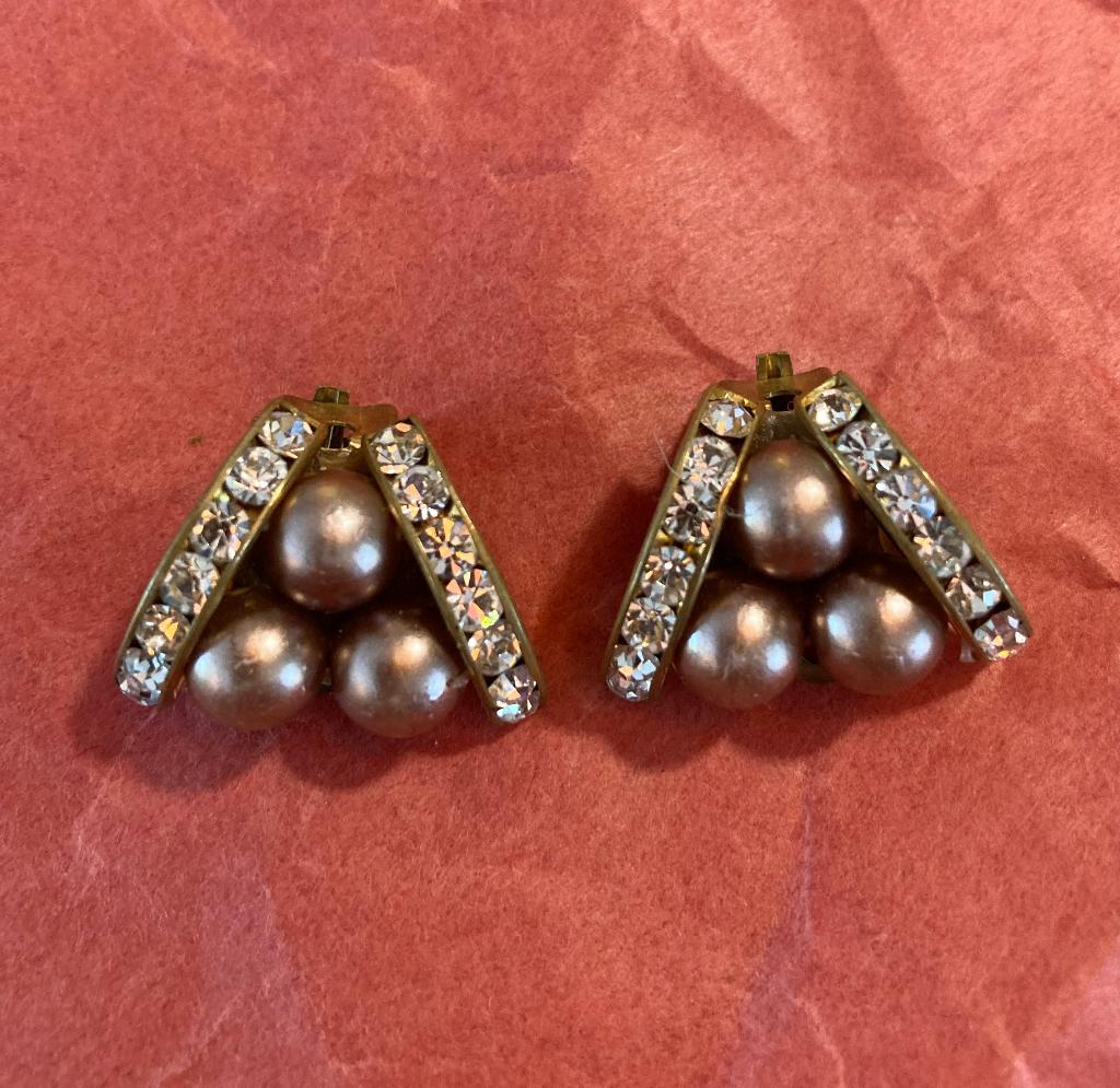 Vintage antieke rhinestones strass parels oorclips oorbellen, Overige materialen, Met strass, Ophalen of Verzenden, Zo goed als nieuw