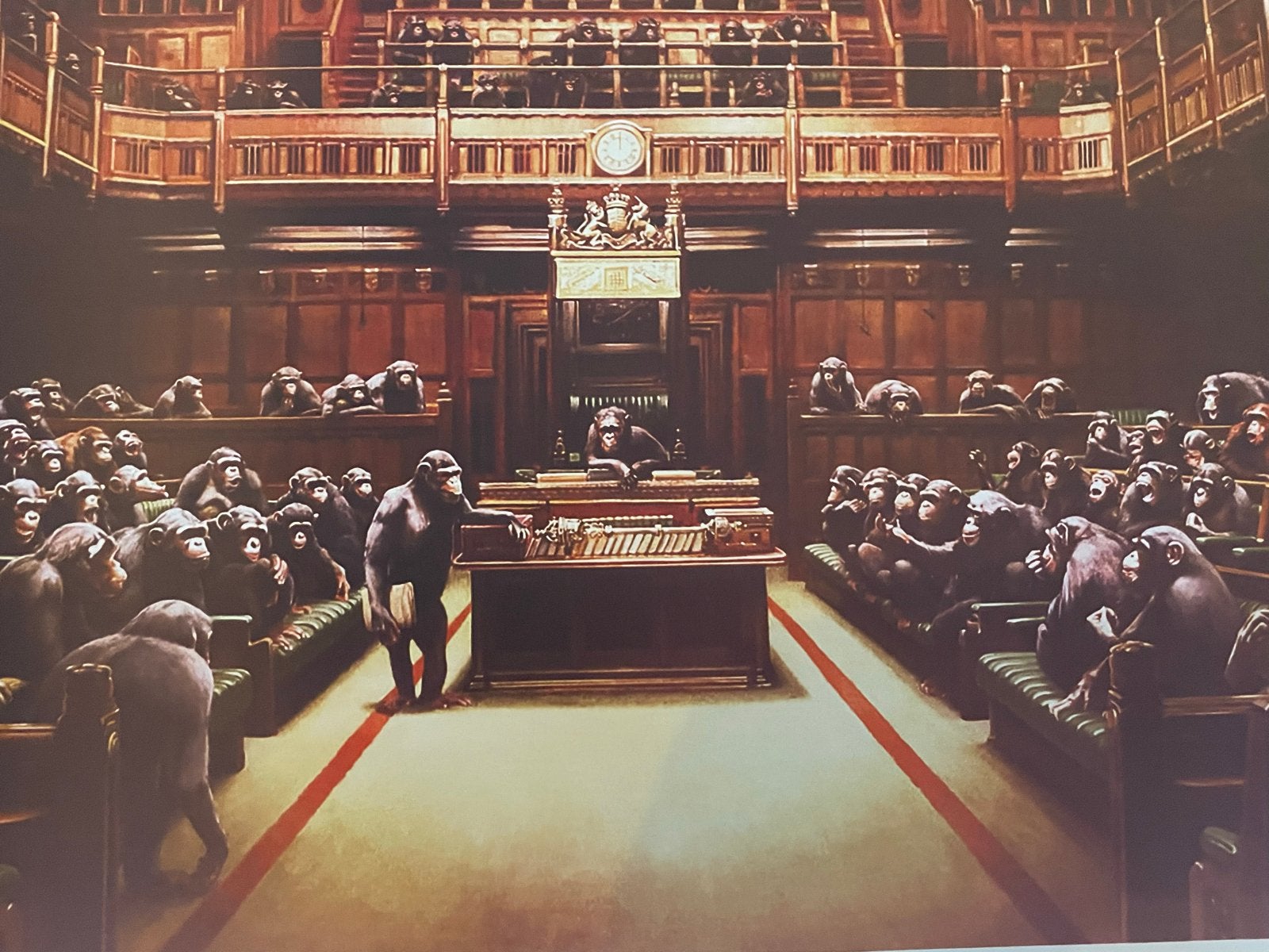 Banksy - Parliament (Apen in het Lagerhuis) - Offset Litho, Antiek en Kunst, Gesigneerd, Ophalen of Verzenden, Dieren en Natuur