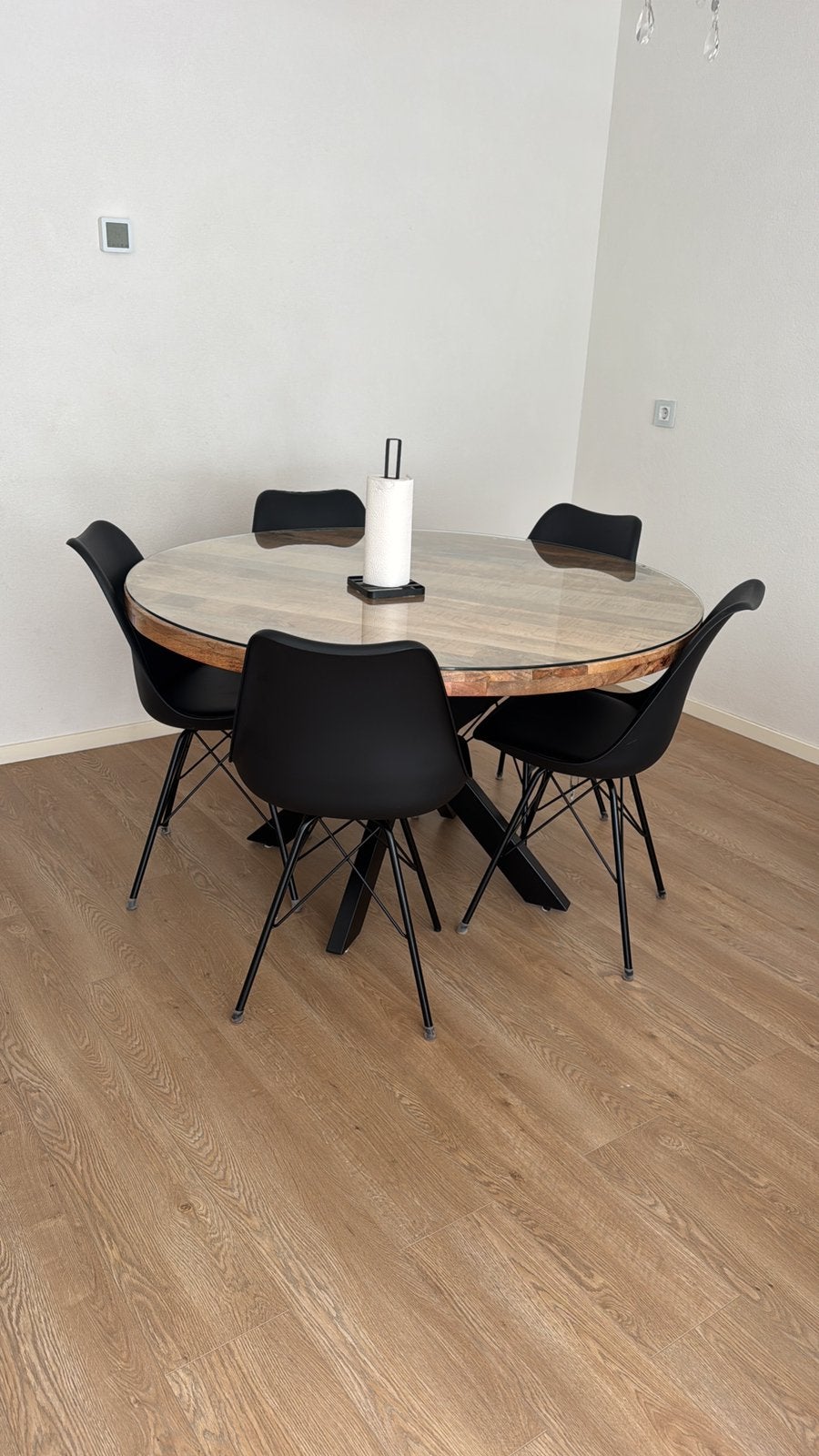 Mango houten eettafel /Salontafel inclusief 6 stoelen, Ophalen, Rond, Zo goed als nieuw, Vijf personen of meer