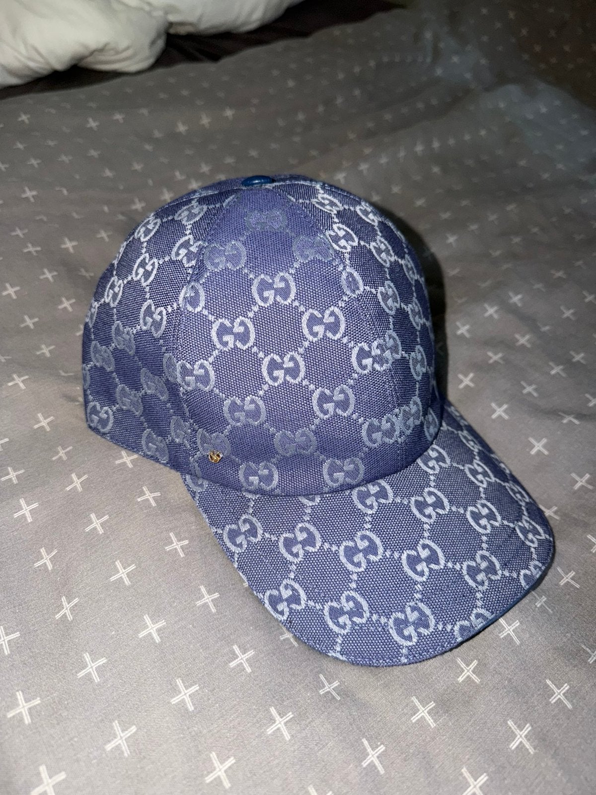 Originele Gucci GG Canvas Pet Blauw/Grijs – Maat M, Kleding | Heren, Ophalen, Zo goed als nieuw