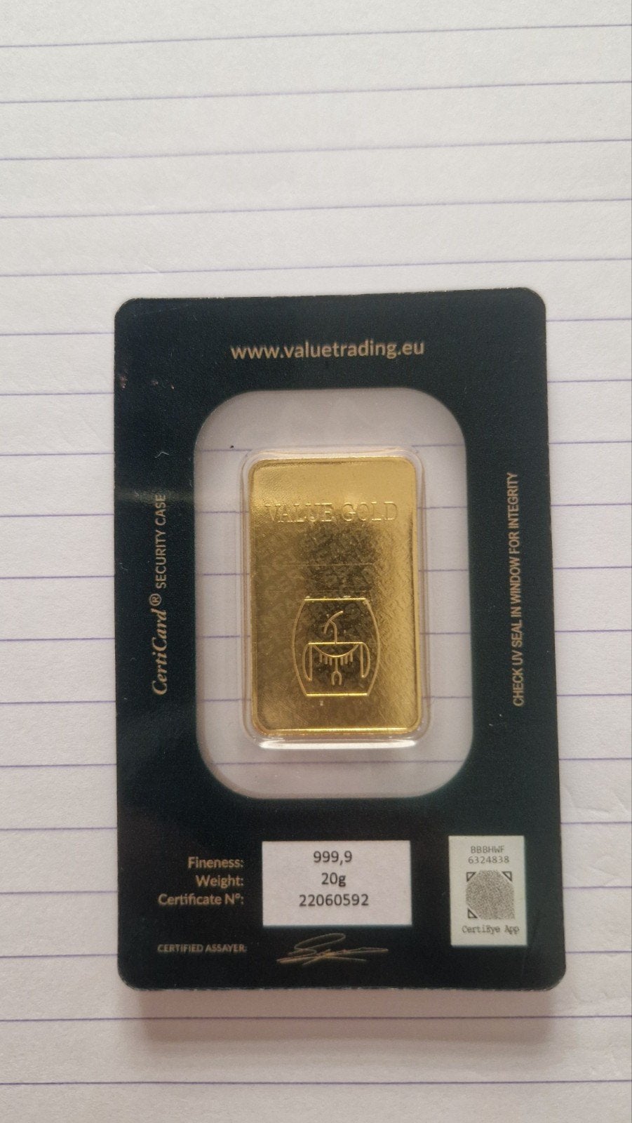 Goudbaar  20 gram 999.9 valeu, Ophalen of Verzenden, Goud