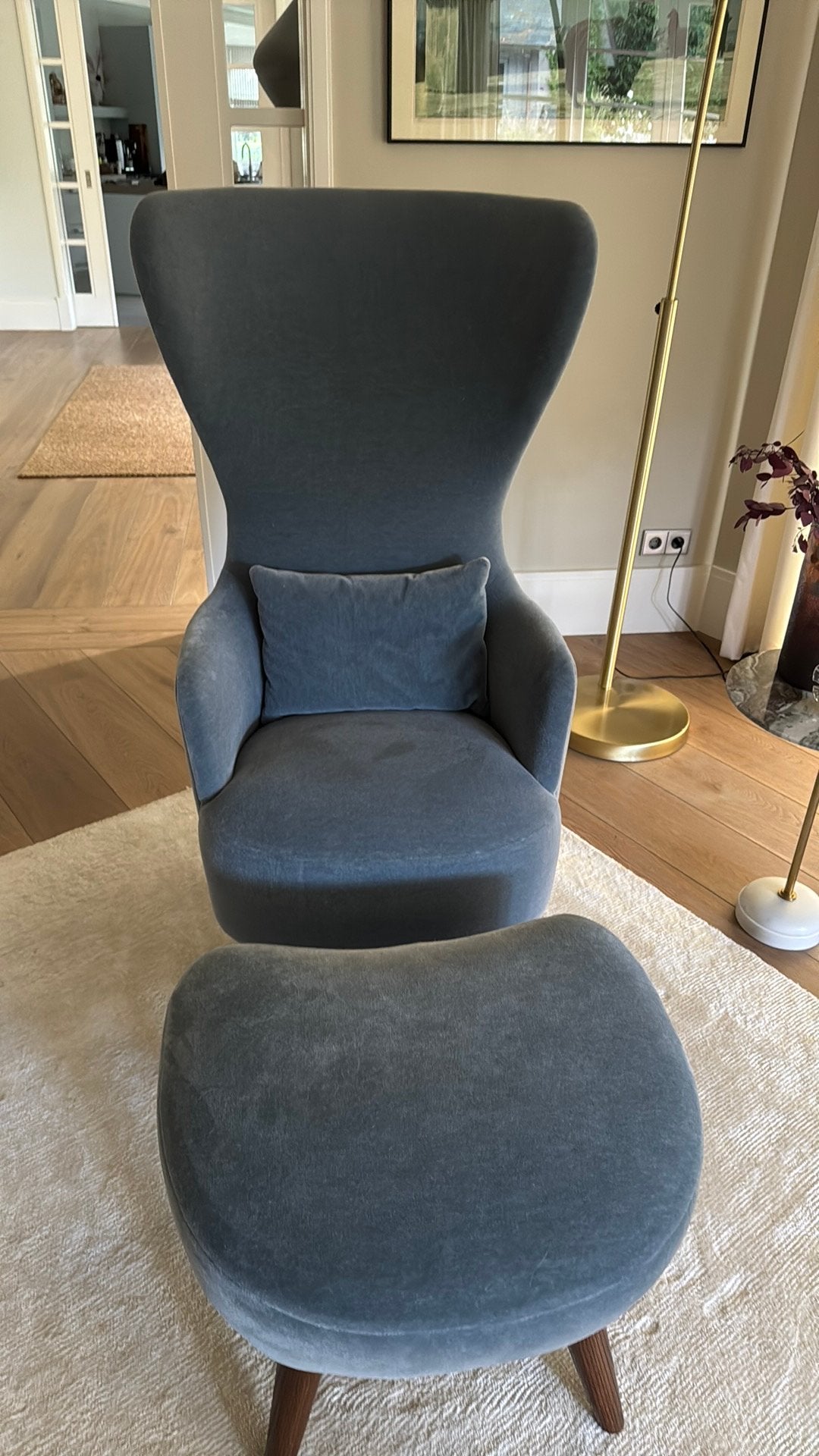 Tom Dixon Wingback chair met poef  hoogte 128cm, Ophalen, 75 tot 100 cm, Zo goed als nieuw, Stof