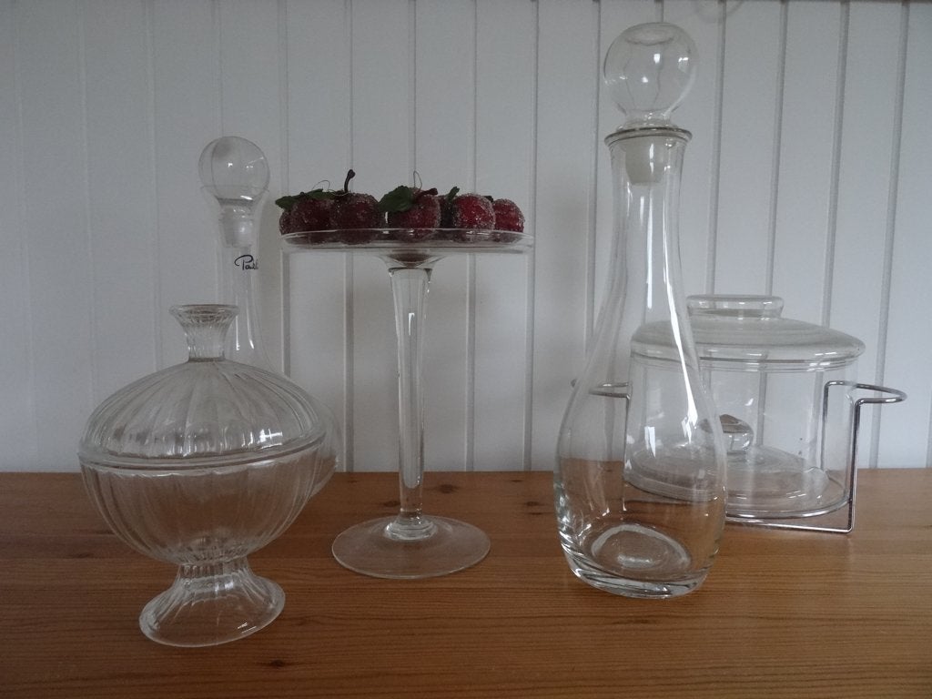 bonbonniere-2x karaf-glazen dekschaal-schaal op voet., Verzenden