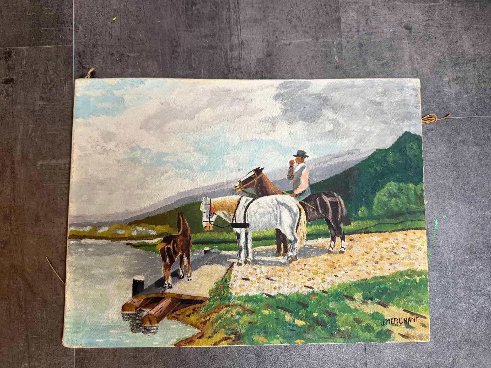 Oud schilderij met paarden en figuren, olieverf op doek, Doek, Dieren, Ophalen of Verzenden, Handgeschilderd