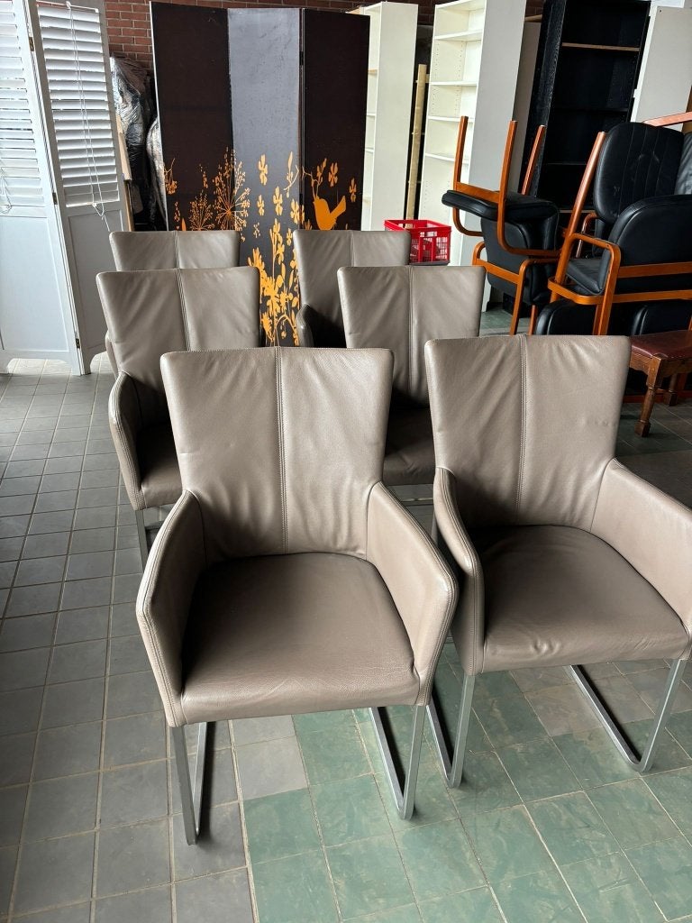 SET VAN 6 LUXE TAUPE LEDEREN EETKAMERSTOELEN, Ophalen, Gebruikt, Overige kleuren, Leer