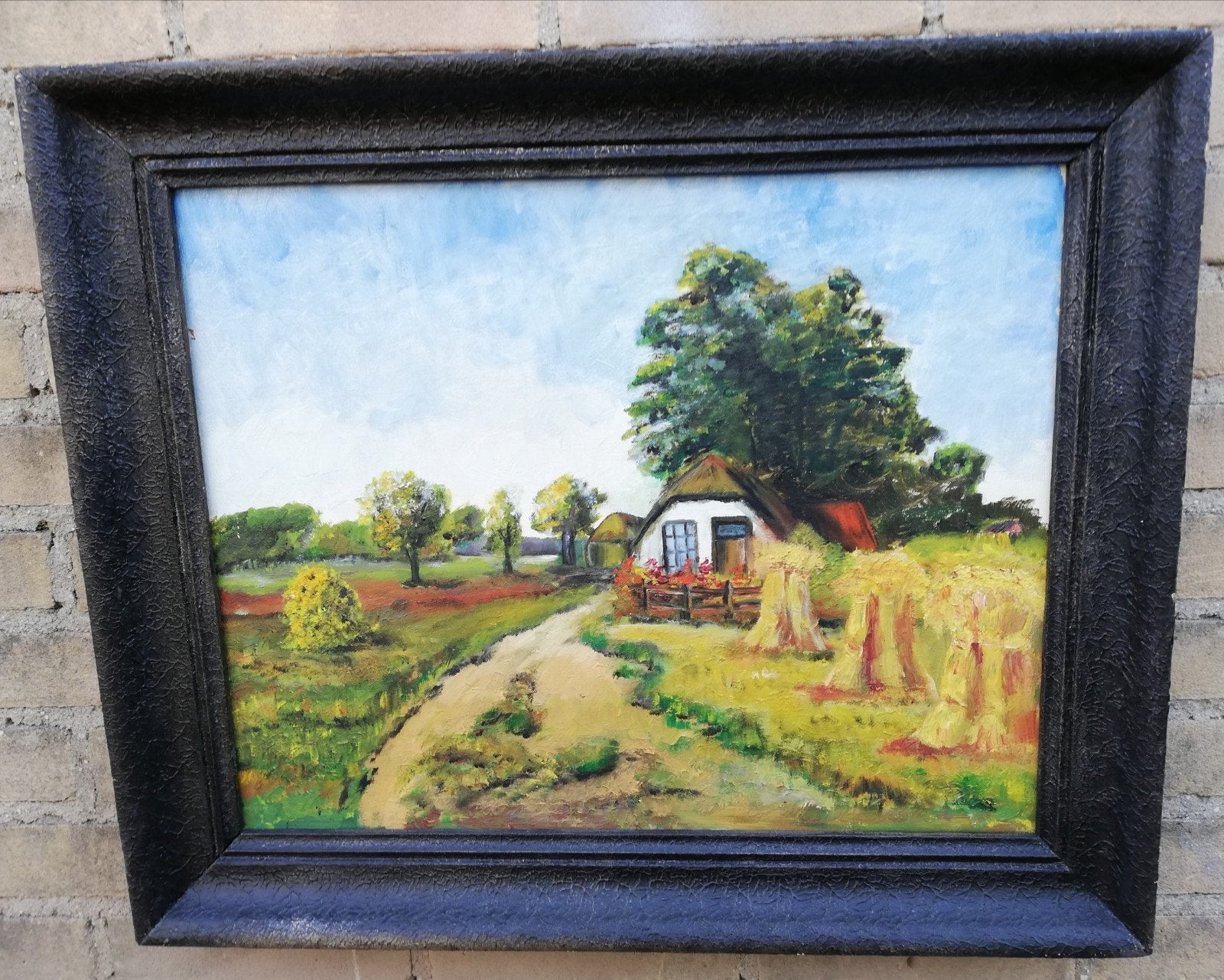 Boerderij met korenstoven. Olie/doek. 60/50 cm., Ophalen, Doek, Landschap, Olieverf