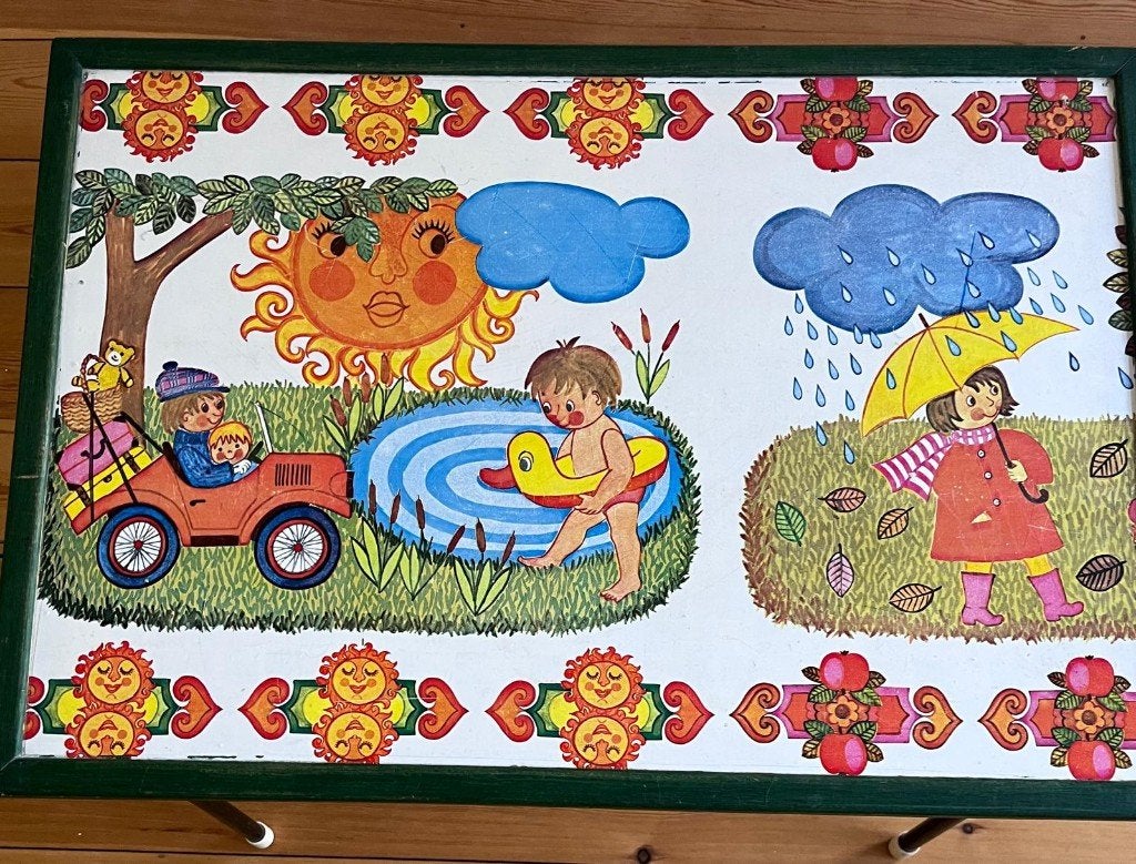 Unieke vintage kinderspeeltafel met seizoenen print, Ophalen, Gebruikt, Overige merken, Overige typen
