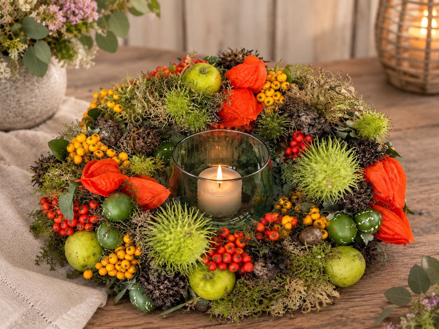 Herfstkrans met kaarshouder - Sfeervolle decoratie, Huis en Inrichting, Meerkleurig, Natuurlijk materiaal, Nieuw, Ophalen of Verzenden