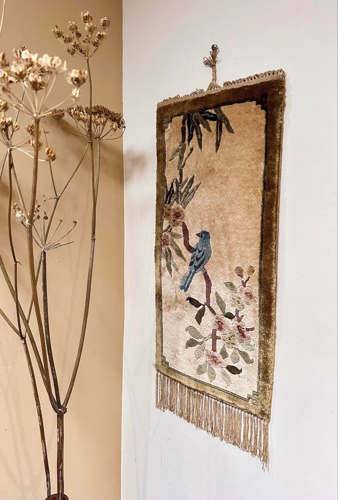 Vintage handgeknoopt (wand)tapijt met vogel -  certificaat, ., Meerkleurig, Ophalen of Verzenden, Zo goed als nieuw