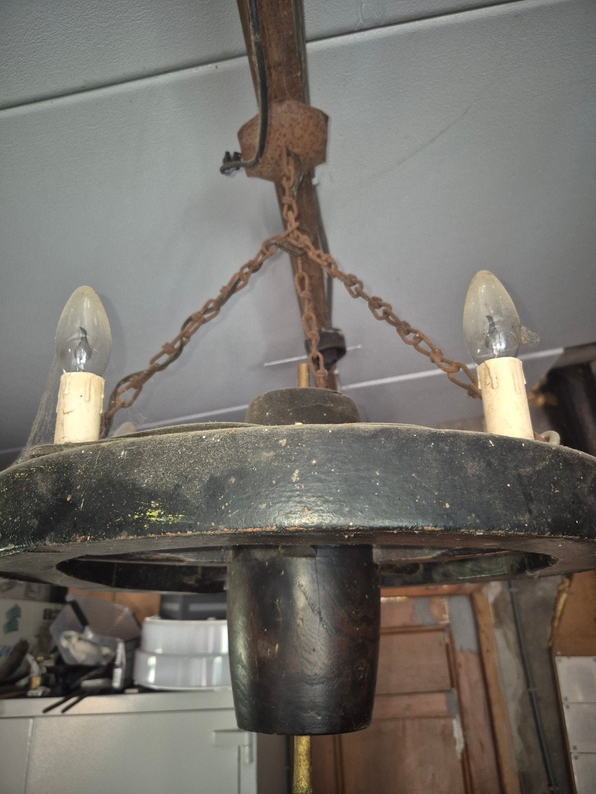 Vintage houten kroonluchter met 5 kaarslampen, Antiek en Kunst, Ophalen