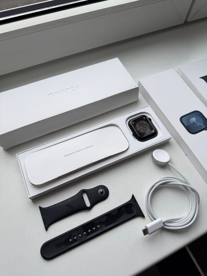 Apple Watch Series 9 Midnight - 45mm | SB M/L GPS, Zwart, IOS, Ophalen of Verzenden, Zo goed als nieuw