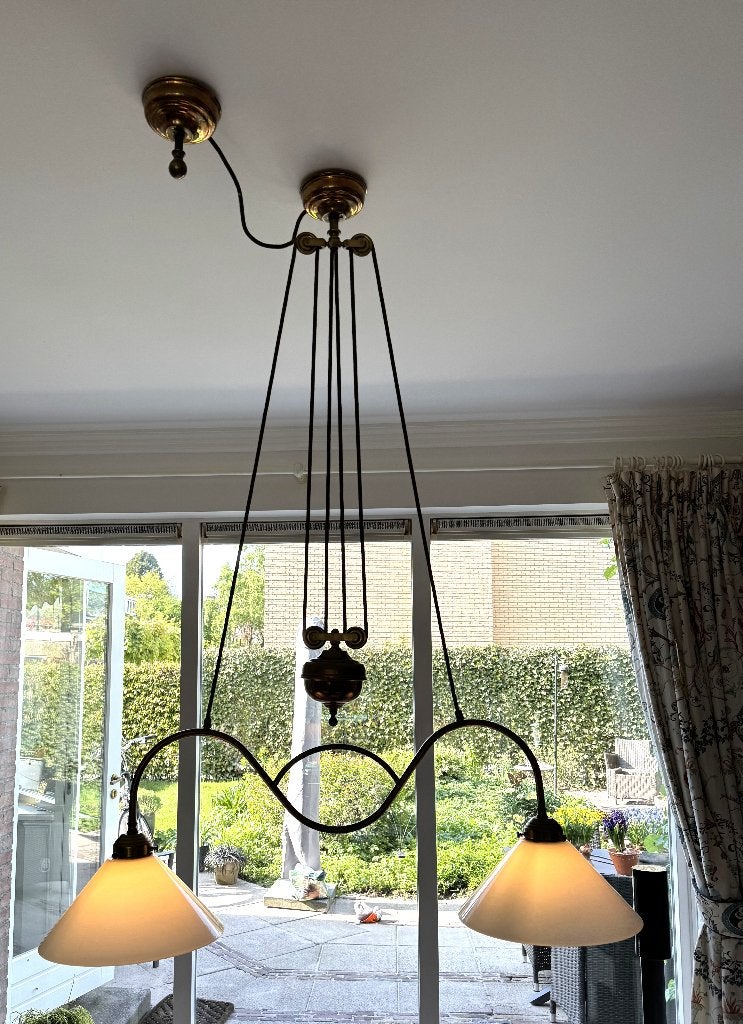 Messing Hanglamp Eettafel, Ophalen, Gebruikt, Klassiek, 75 cm of meer