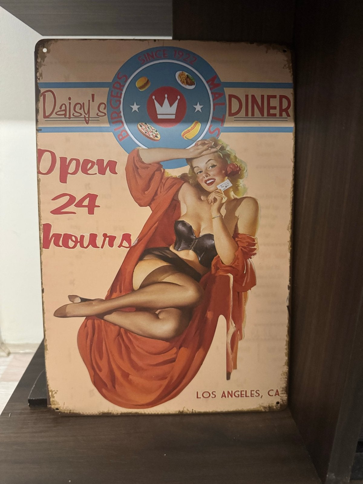 Vintage Pin-up Diner Metalen Bord - Daisy's Diner, Ophalen, Vintage, Gebruikt, Meerkleurig