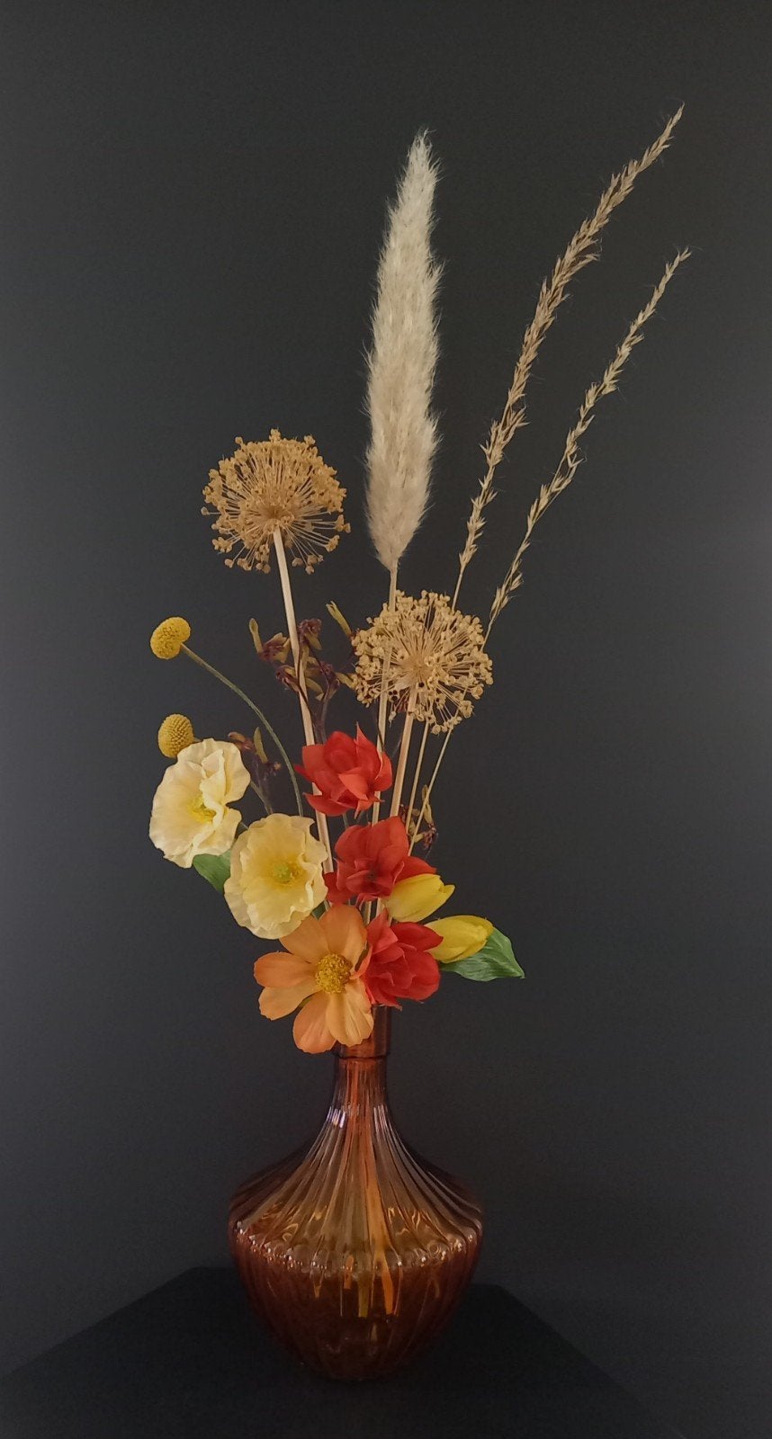 Kunst- en Droogbloemen gebonden boeket met oranje vaas H80cm, Ophalen, Nieuw