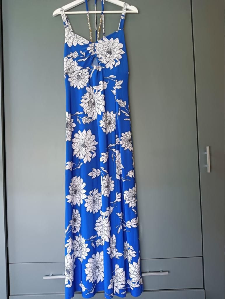 Mooie lange jurk om in op te vallen! Mt 36l38 blauw/wit, Blauw, Ophalen of Verzenden, Zo goed als nieuw, Maat 36 (S)