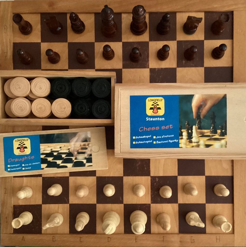 Houten schaakbord dambord Longfield schaakstukken damstenen, Een of twee spelers, Ophalen of Verzenden, Gebruikt, Longfield Games