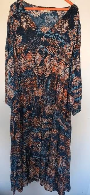 Mooie blauw/oranje tinten jurk merk Orientique maat 52, Orienttioque, Jurk, Zo goed als nieuw, Verzenden