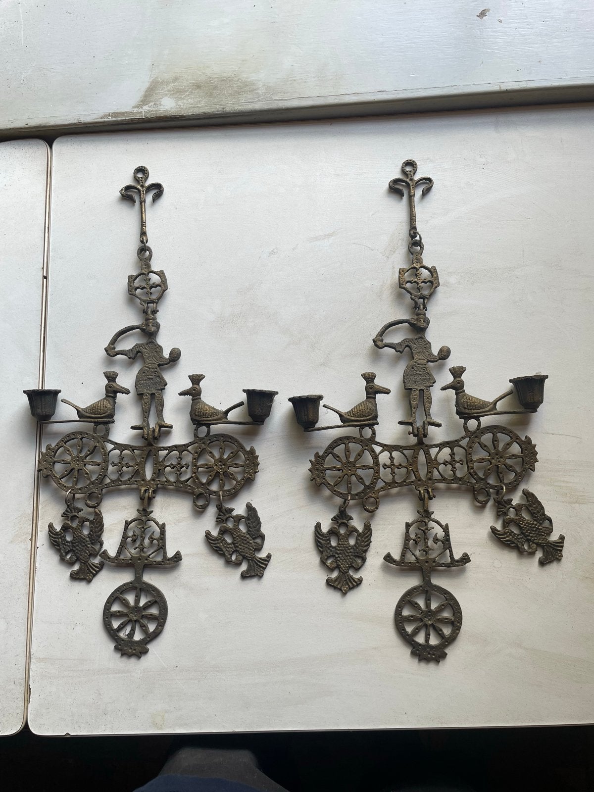 Antieke Koperen Wandkandelaars - Set van 2, Antiek en Kunst, Ophalen of Verzenden, Koper of Brons