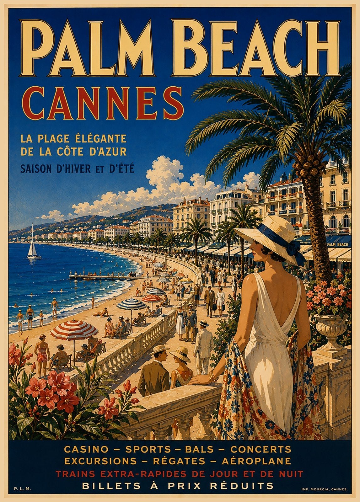 Vintage Palm Beach Cannes Reclameposter - Côte d'Azur, Ophalen of Verzenden