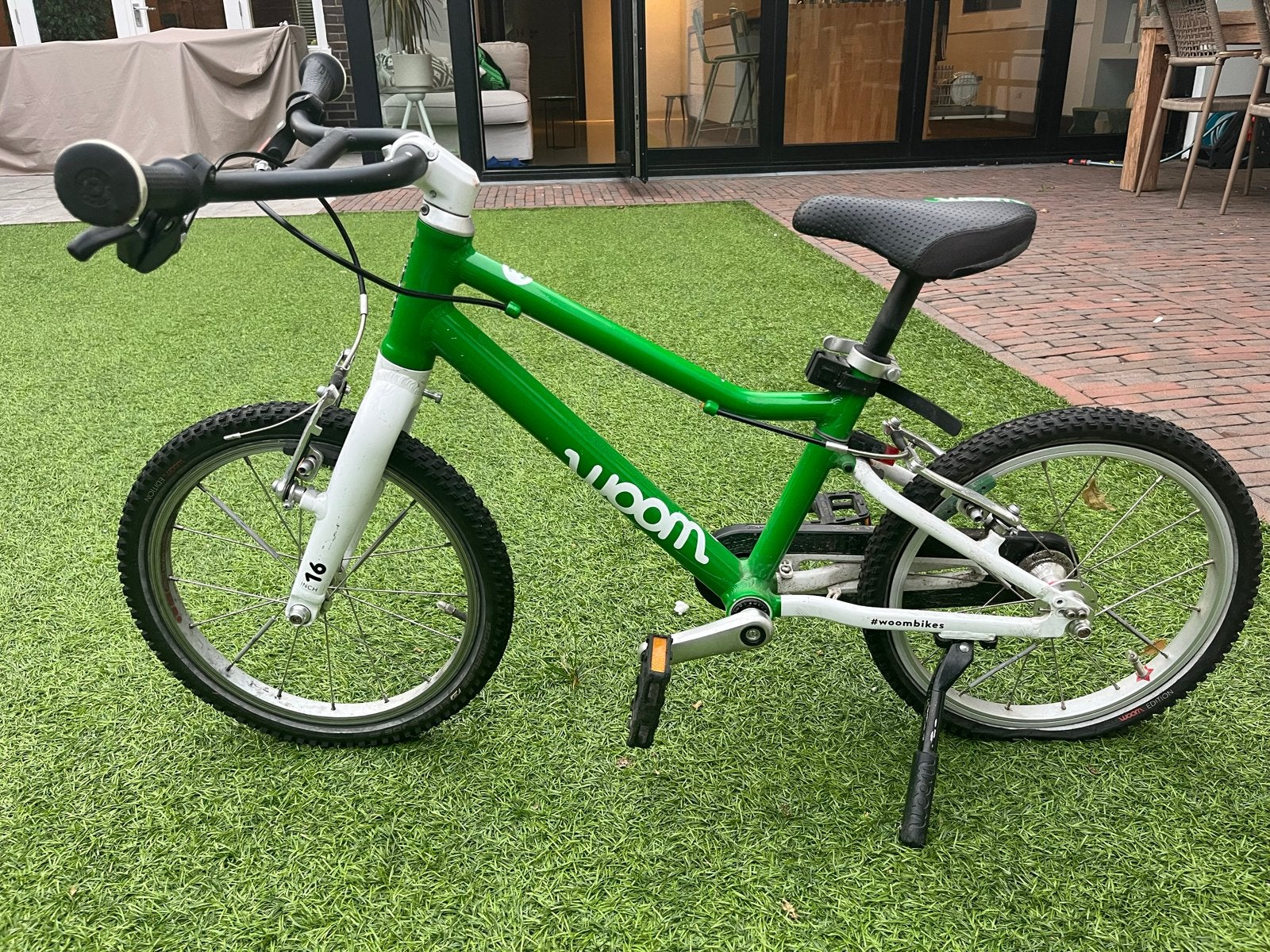 Woom 3 kinderfiets - Groen - 16 inch, Fietsen en Brommers, Fietsen | Kinderfietsjes, Ophalen, Gebruikt, Velgrem, 16 tot 20 inch