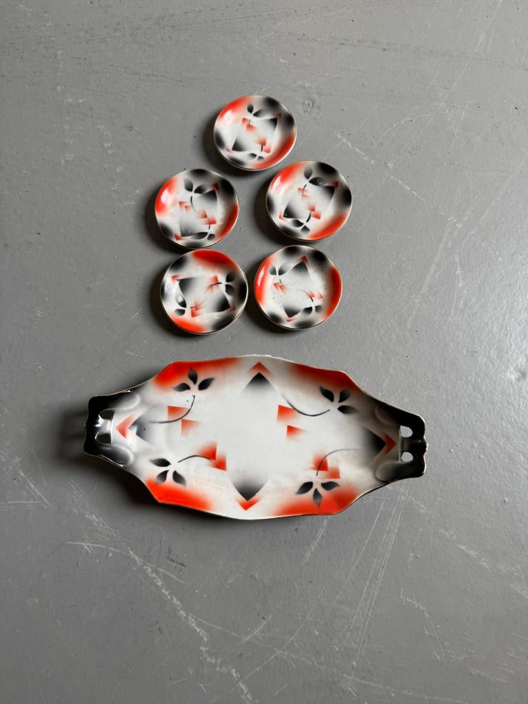 Antiek serveerschaaltje met bordjes, Ophalen of Verzenden