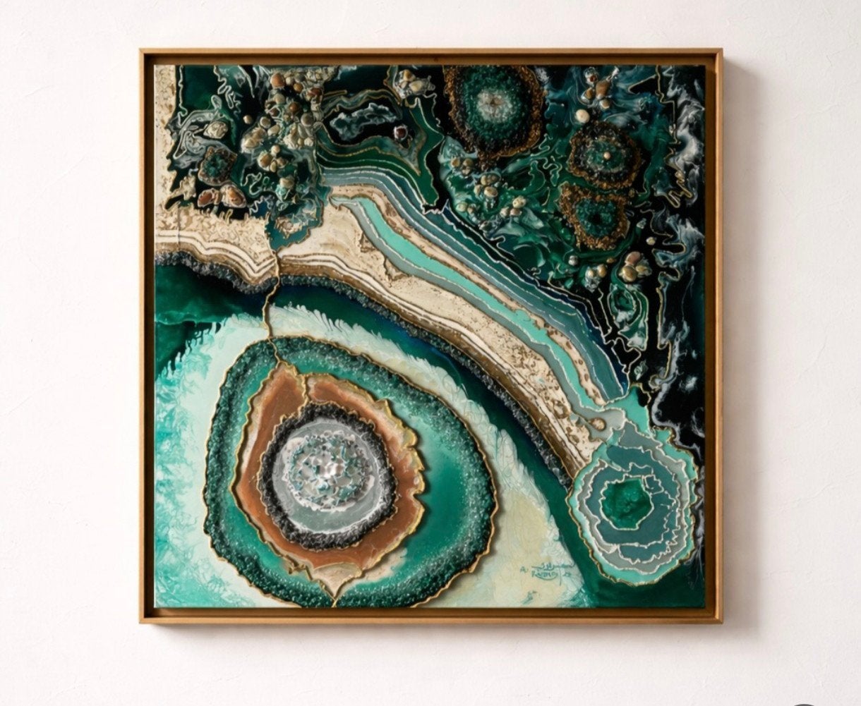Abstracte Geode Kunst: Groen en Goud, Abstract, Ophalen of Verzenden, Gemengde techniek, Overige materialen