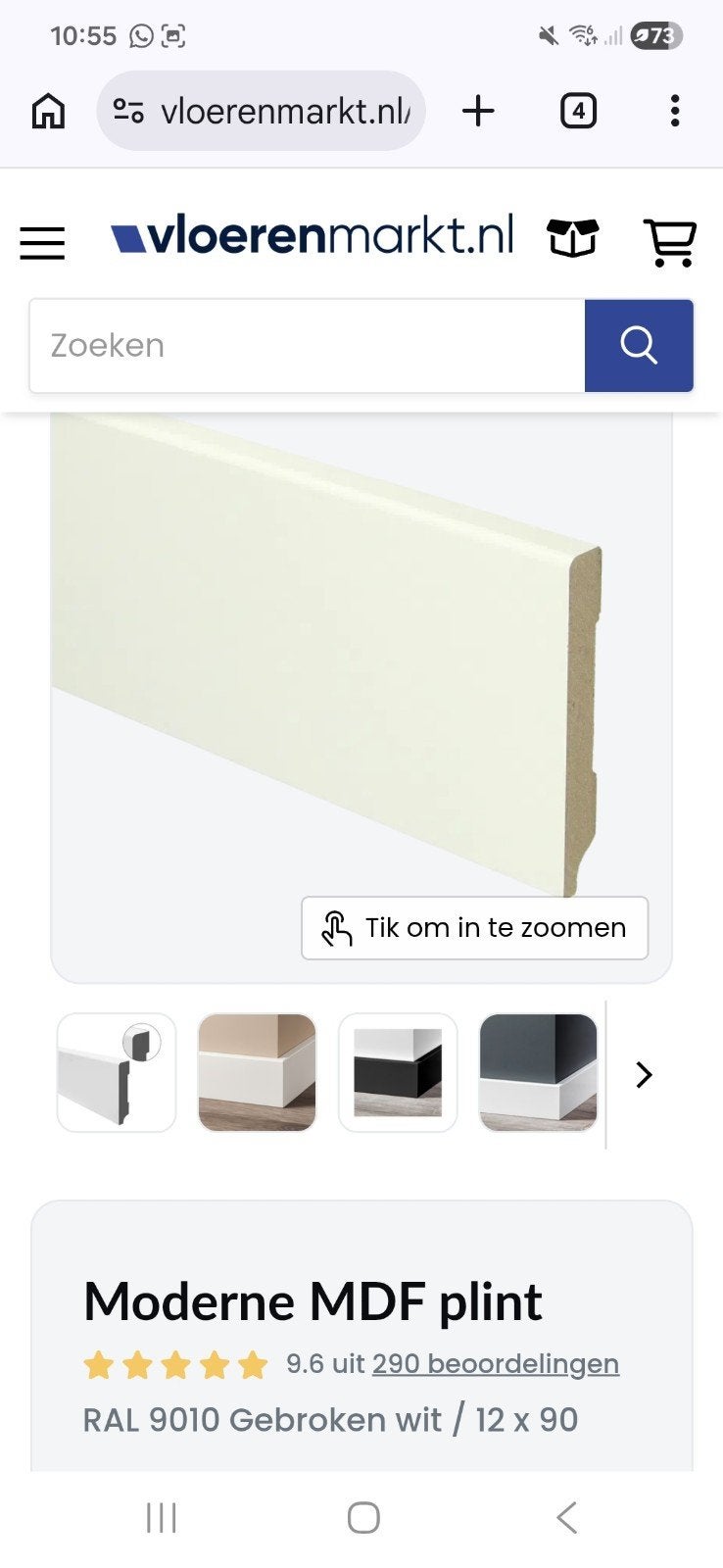 5x MDF Plinten RAL 9010 12x90 mm - 2.4m lang, Ophalen, Nieuw, Mdf, 200 tot 250 cm