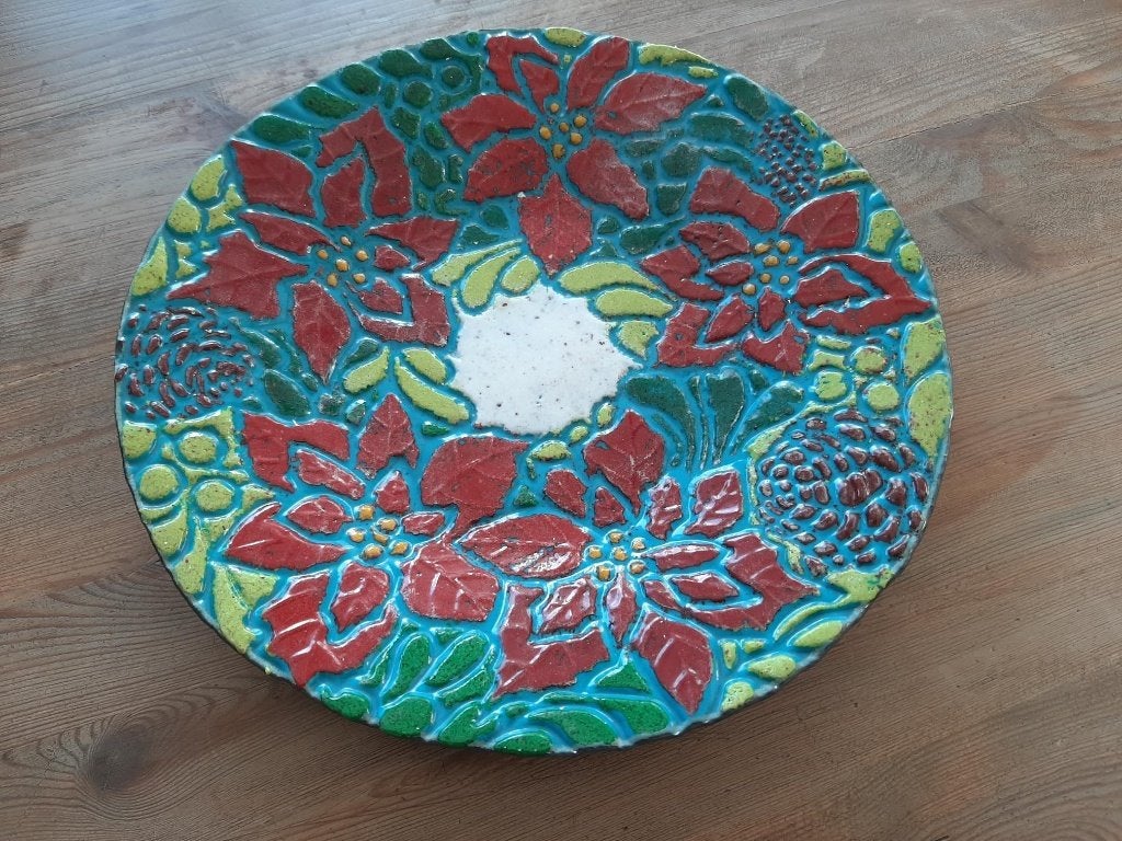 Glazen schaal rond 30 cm met kerstster bloemmotief, Schaal, Almere, Rond, Nieuw