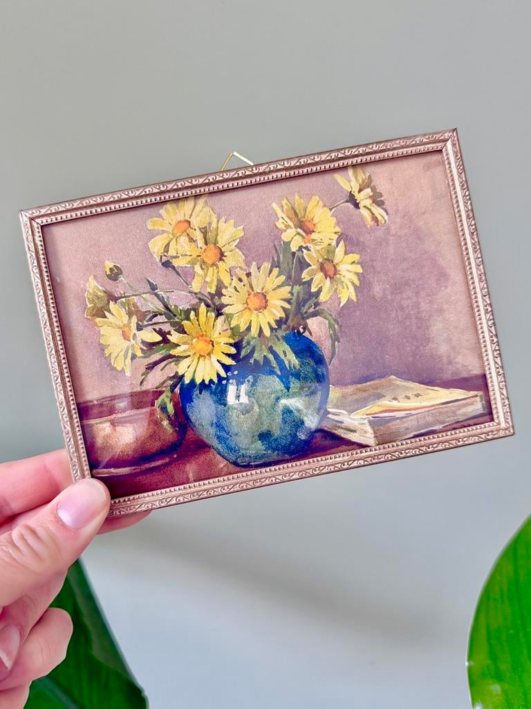 Vintage bolglas lijstje fotolijstje bloemenprent, Ophalen of Verzenden, Gebruikt