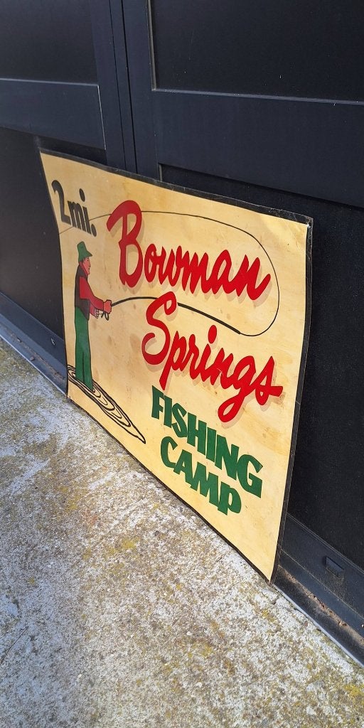 Origineel USA reclamebord Bowman Springs Fishing Camp🎣, Verzamelen, Ophalen, Reclamebord, Gebruikt, .