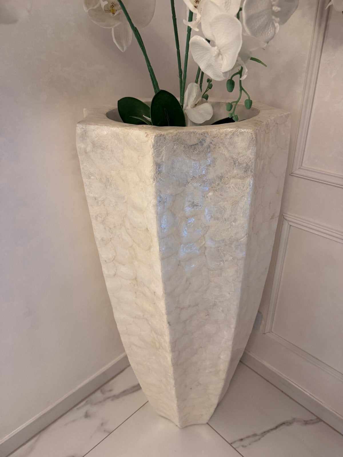XXL Glanzende Ivoor Capiz Pot met Kunst Orchidee, Ophalen, Beige, Zo goed als nieuw, Natuurlijk materiaal