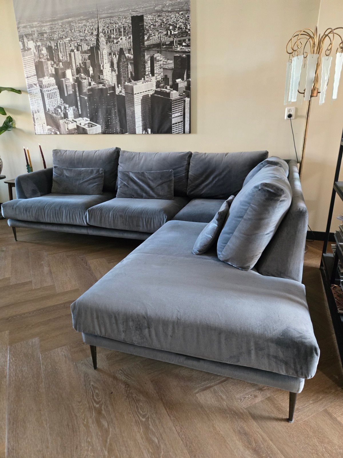 Moderne Hoekbank Grijs/Blauw Fluweel - Zo goed als nieuw, Ophalen, 250 tot 300 cm, 100 tot 125 cm, Hoekbank