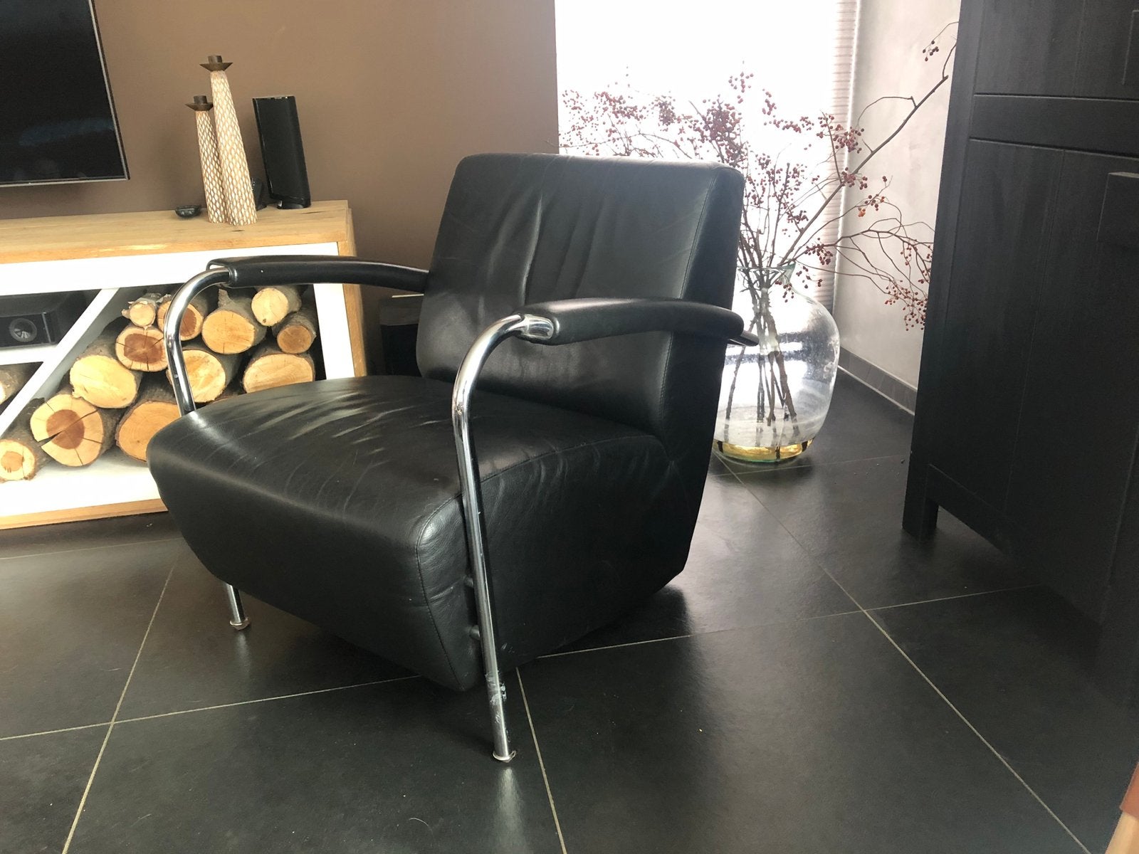 Leolux Scyla fauteuil, zwart leer, Gebruikt, 75 tot 100 cm, Ophalen of Verzenden, Modern