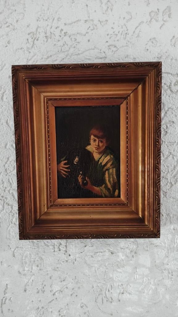 Olieverf op hout, jongen met kruik, oud, vintage, Ophalen