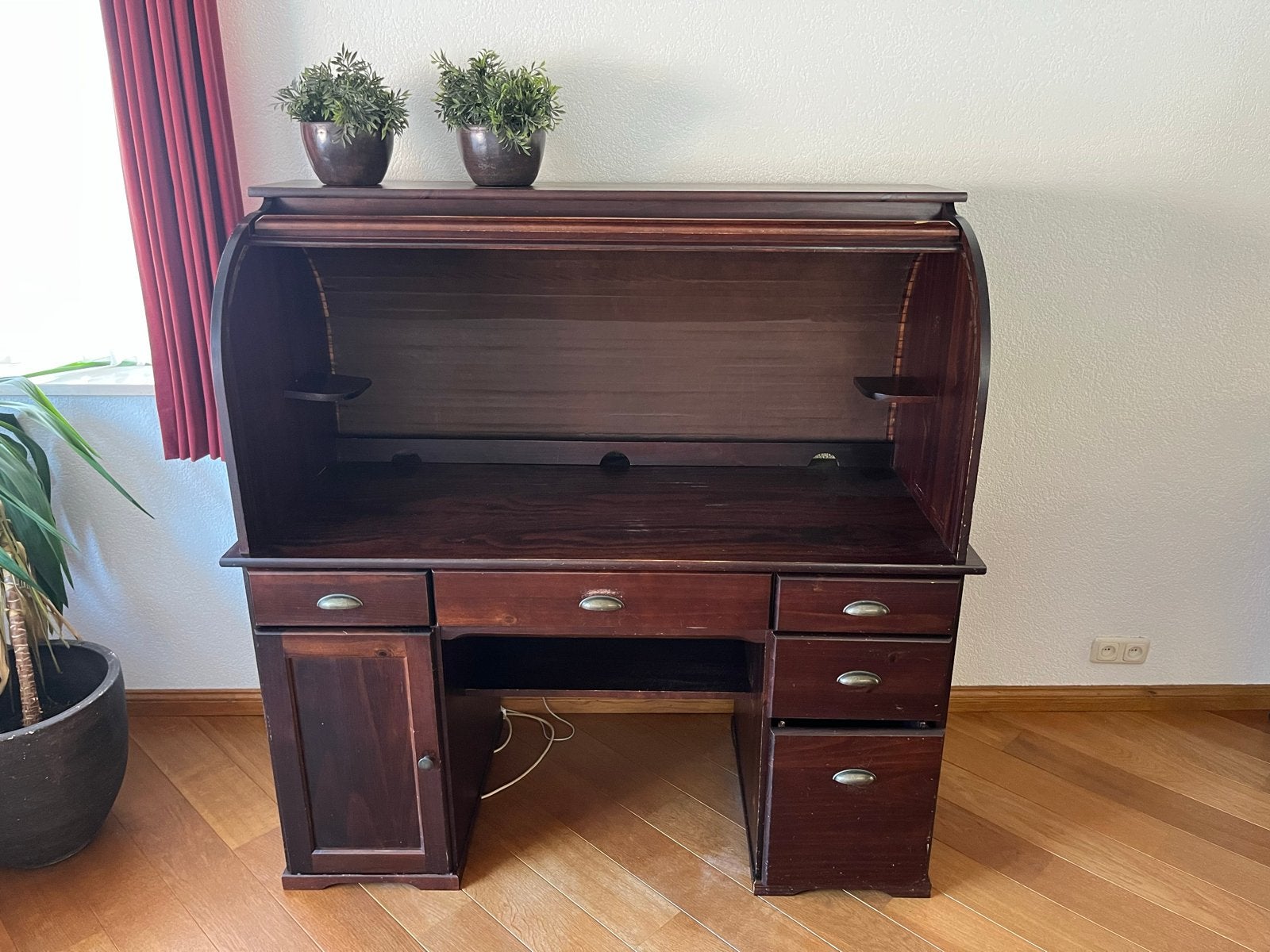 Vintage rolluik secretaire / bureau van donker eiken, Antiek en Kunst, Ophalen
