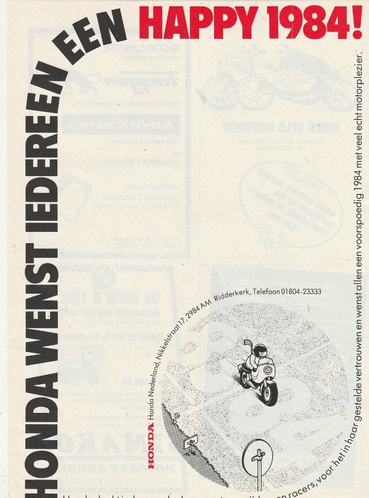 Retro reclame 1983 Honda motor wenst je 'n gelukkig 1984, Verzenden, Overige typen